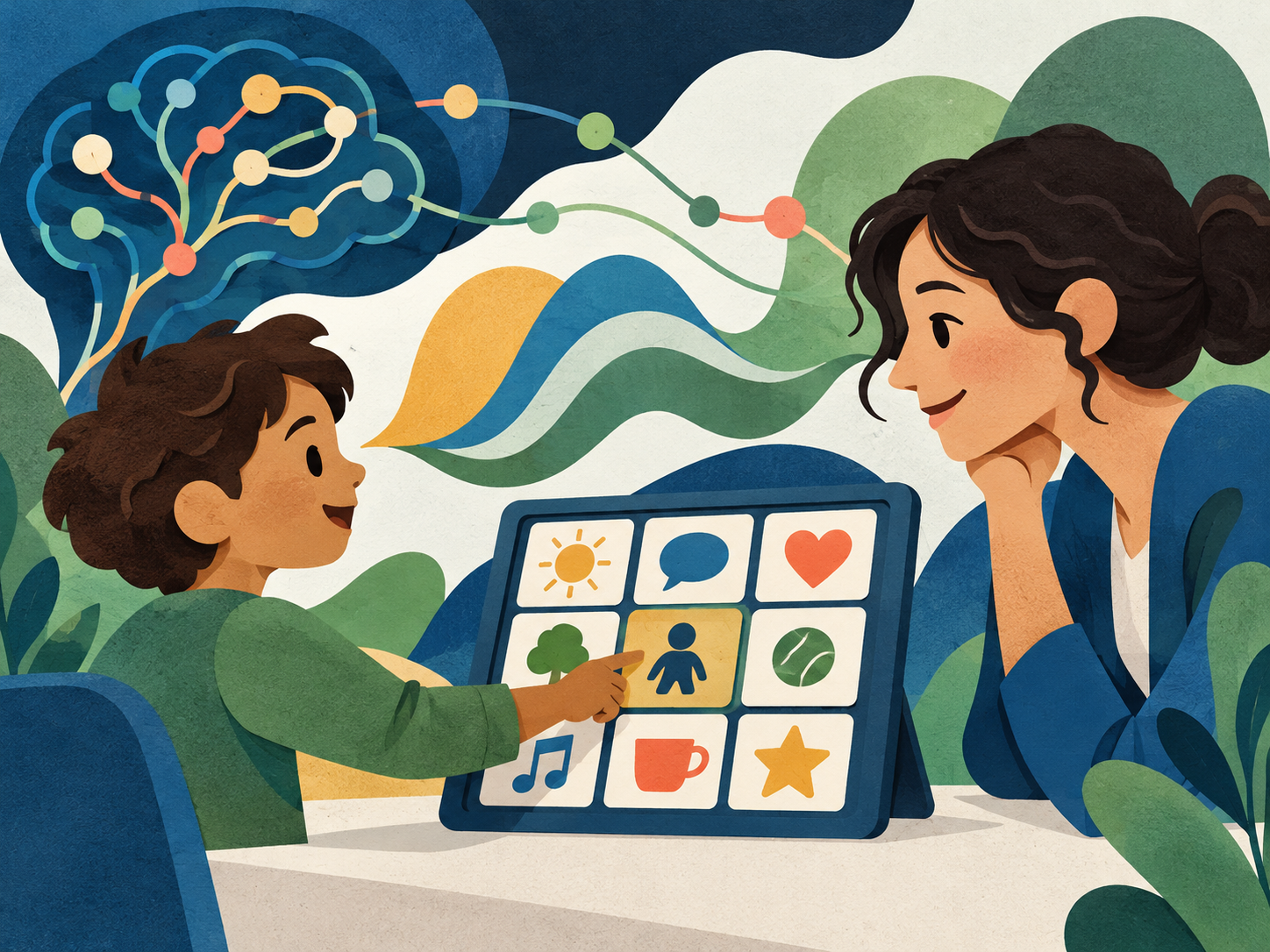 Ilustraci&oacute;n de una persona infantil eligiendo pictogramas mientras una profesional la escucha; ondas representan comunicaci&oacute;n y cerebro.