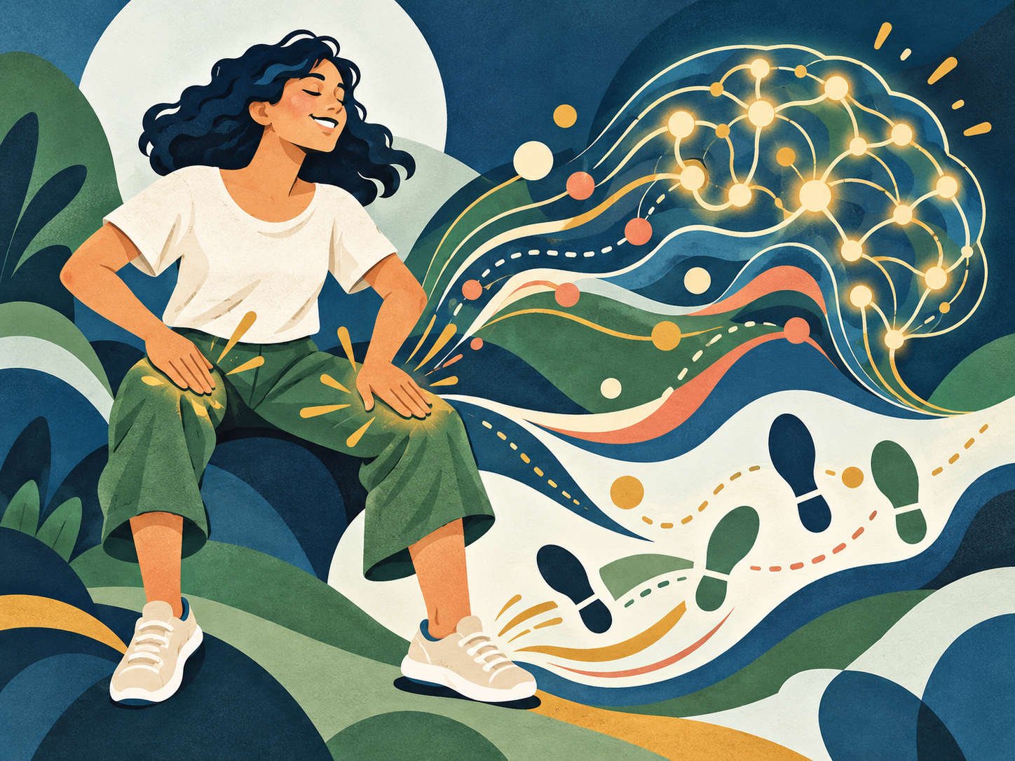 Ilustraci&oacute;n de una persona marcando ritmo con las manos; ondas se convierten en una red cerebral y huellas de movimiento.